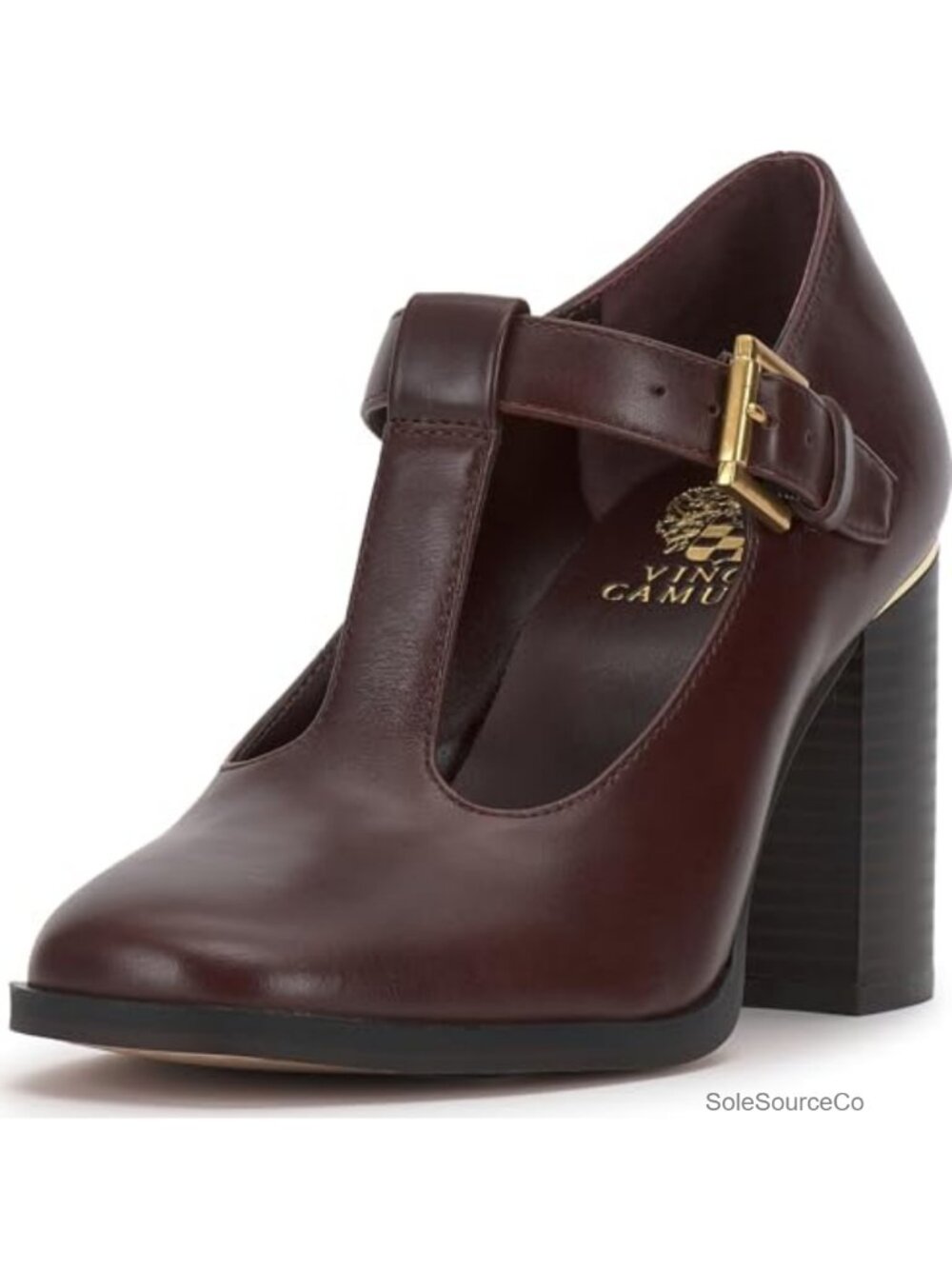 Vince Camuto Leather T-Strap Block Heel Pumps, Almond Toe, 3.4" Heel